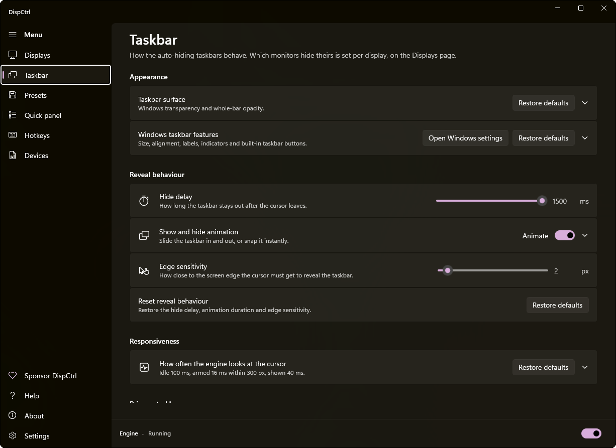 Taskbar appearance and reveal settings